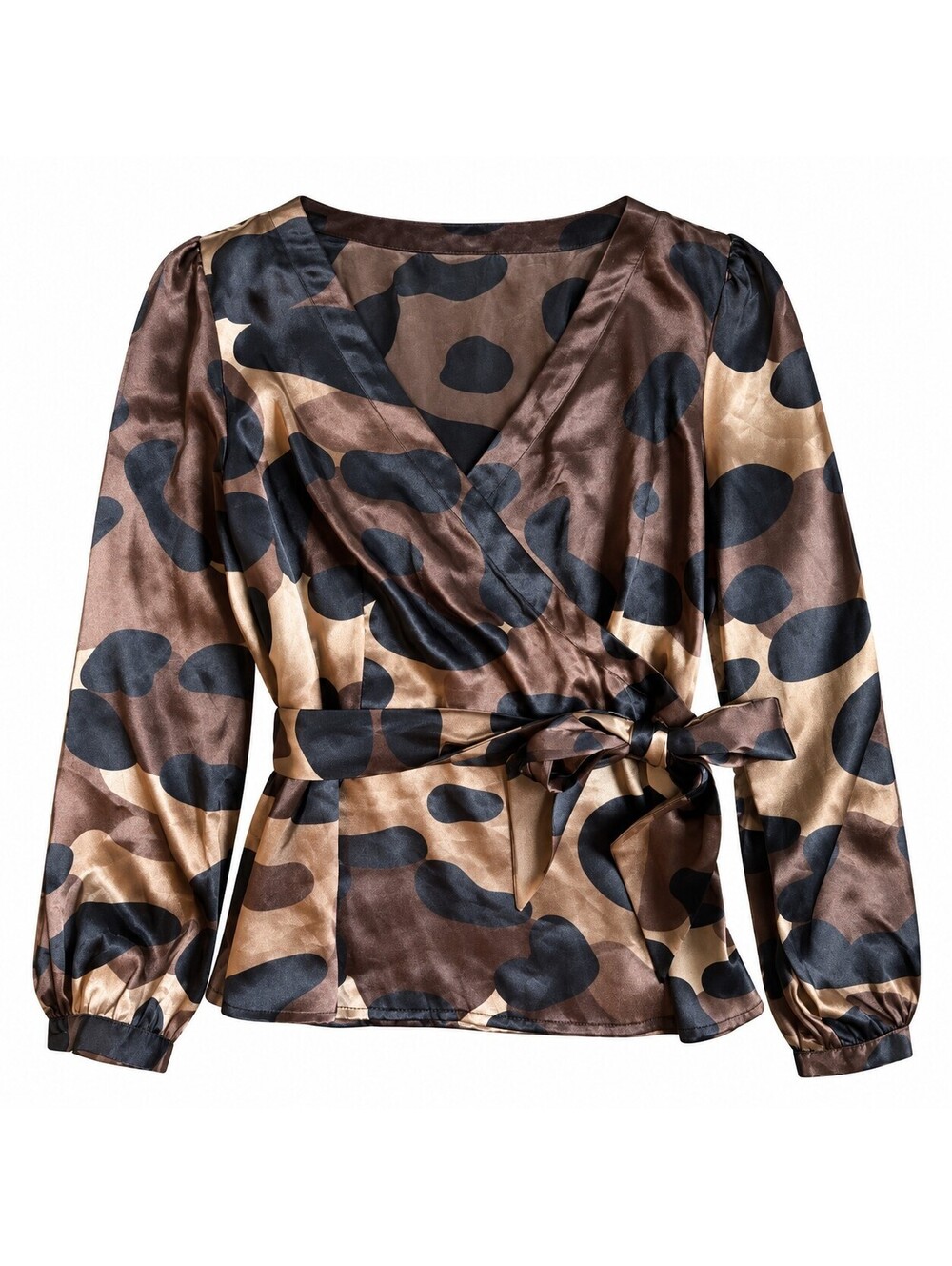 Office Siren Satin Wrap Blouse Abstract Animal Print Tie Waist Brown L